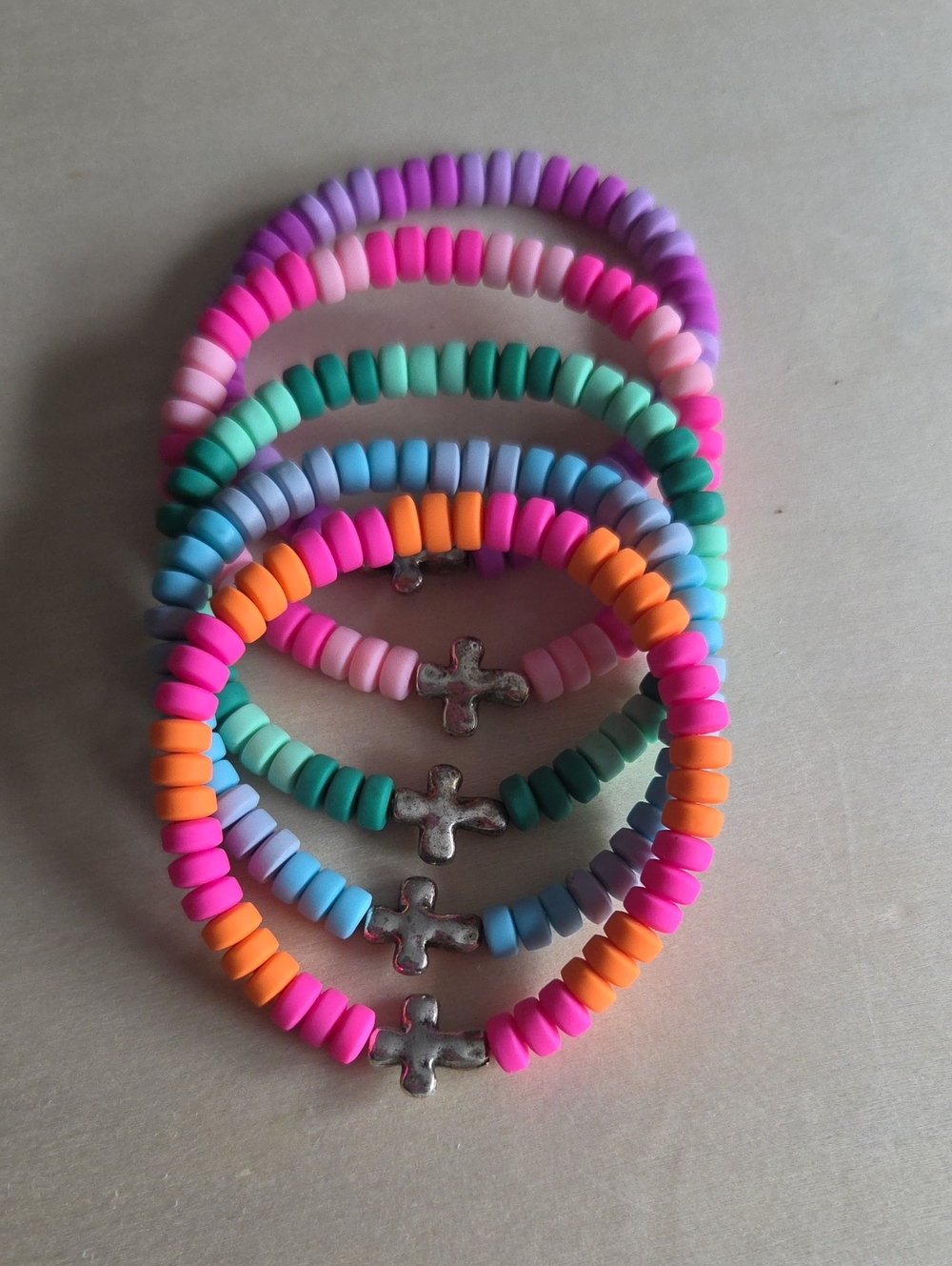 Colorful Beaded Cross Stretch Bracelet Set - Pink, Orange, Green, Purple, Blue